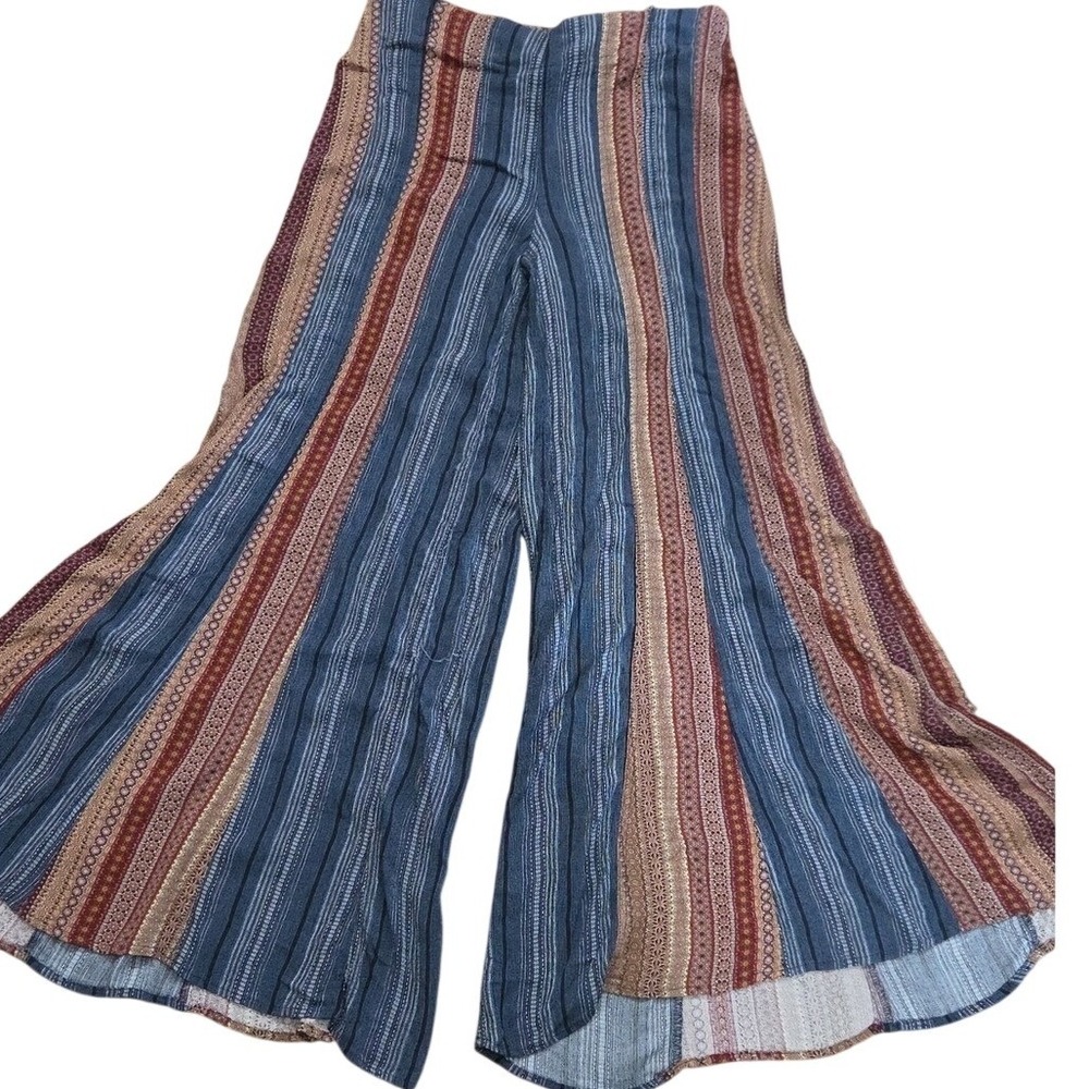 Cato Boho Striped Earthy Hippie Anthro Flare Wide Leg Brown Navy Stretch Small